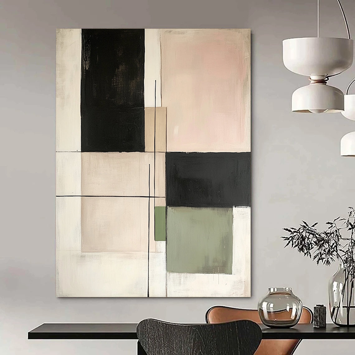 Contemporary hand-painted abstract art featuring minimalist squares and lines in neutral tones of beige black green and white on canvas. DLZ1629