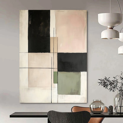 Contemporary hand-painted abstract art featuring minimalist squares and lines in neutral tones of beige black green and white on canvas. DLZ1629