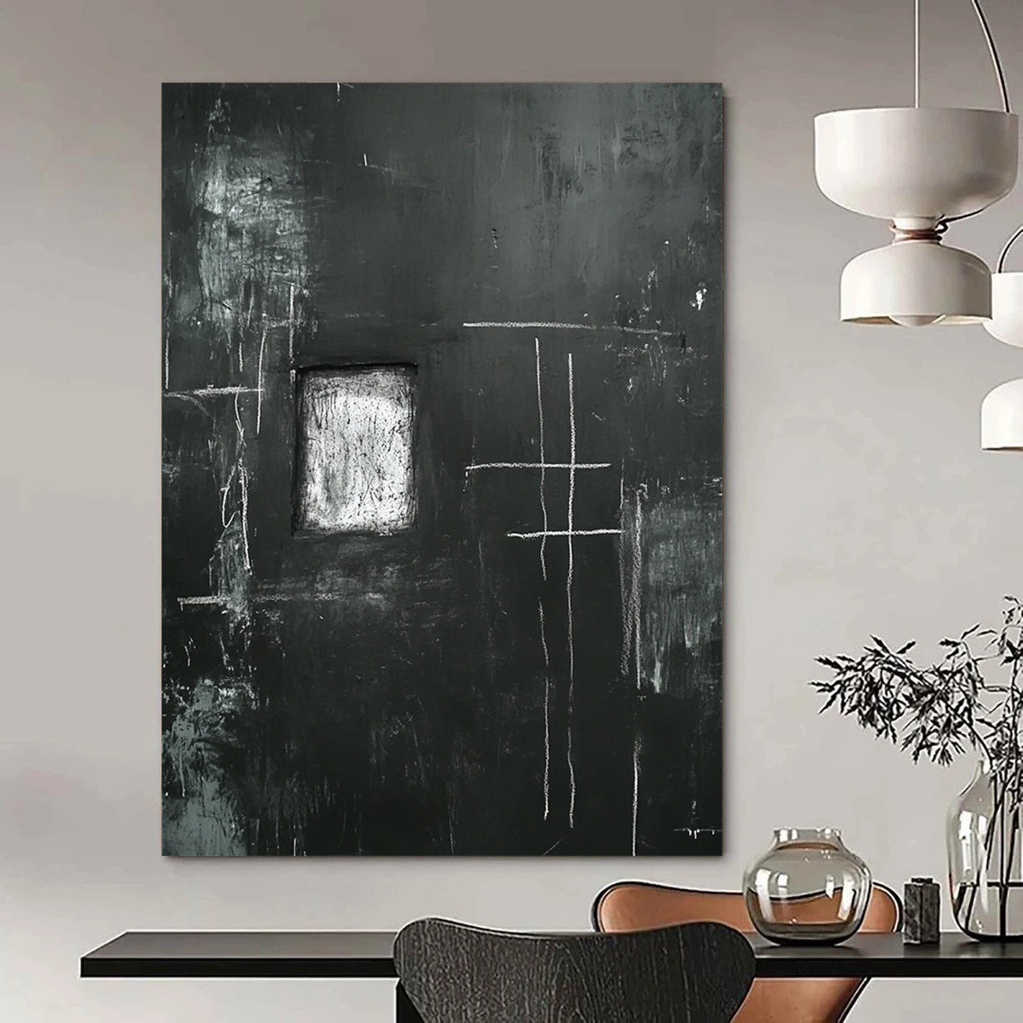 Contemporary abstract art featuring a black wall with eerie white chalk drawings of a cross and window with a central space for personal expression. DLZ1150
