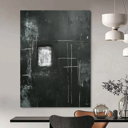 Contemporary abstract art featuring a black wall with eerie white chalk drawings of a cross and window with a central space for personal expression. DLZ1150