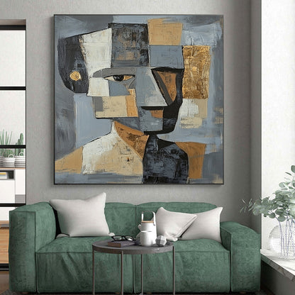 Gray, Black, White, Gold and Brown Cubist Portrait "Abstract Identity" Painting On Canvas HB356