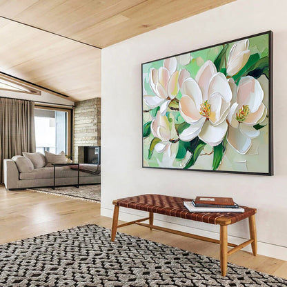 “Pastel Magnolias on Green” - White, Pink, Green, Pastel - colored magnolias on green - Impasto Oil Painting HB1788