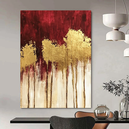 Contemporary hand-painted abstract art featuring textured red and gold trees with striking gold foil accents and a rich dark red and white palette. DLZ1445