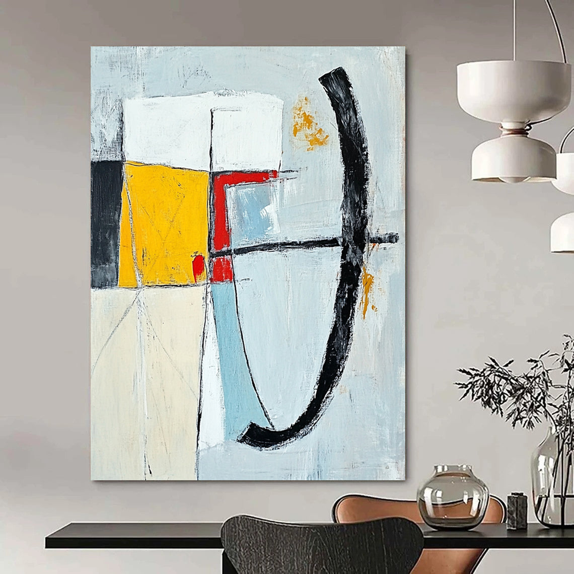 Contemporary abstract painting featuring bold brushstrokes in gray blue yellow and white with a striking red line and unique shapes on a white background. DLZ0637