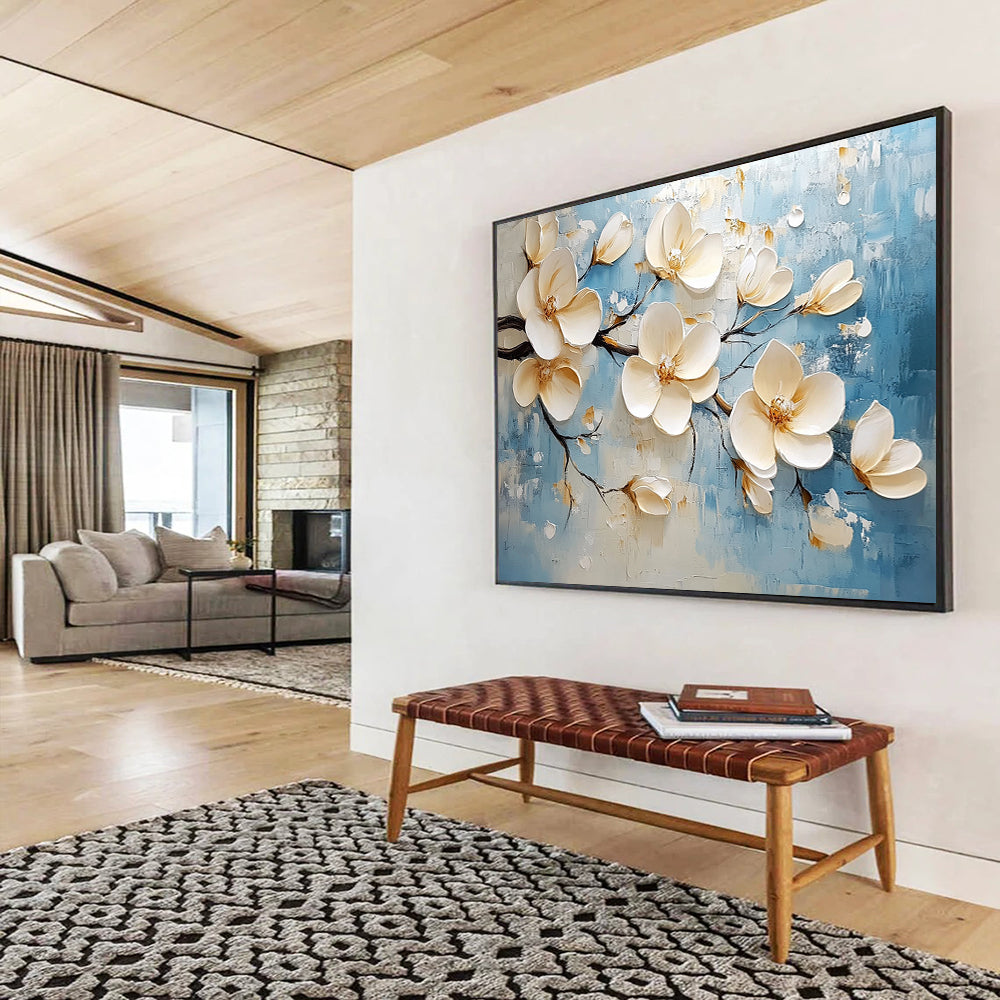 Blue, Beige and White Textured Magnolias "Blossom Serenity" Painting On Canvas HB0422