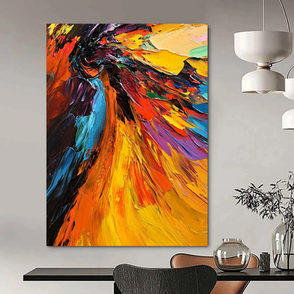 Contemporary abstract oil painting features a vivid angel with colorful wings highlighted by thick brushstrokes and dramatic lighting in a close-up view. DLZ0397