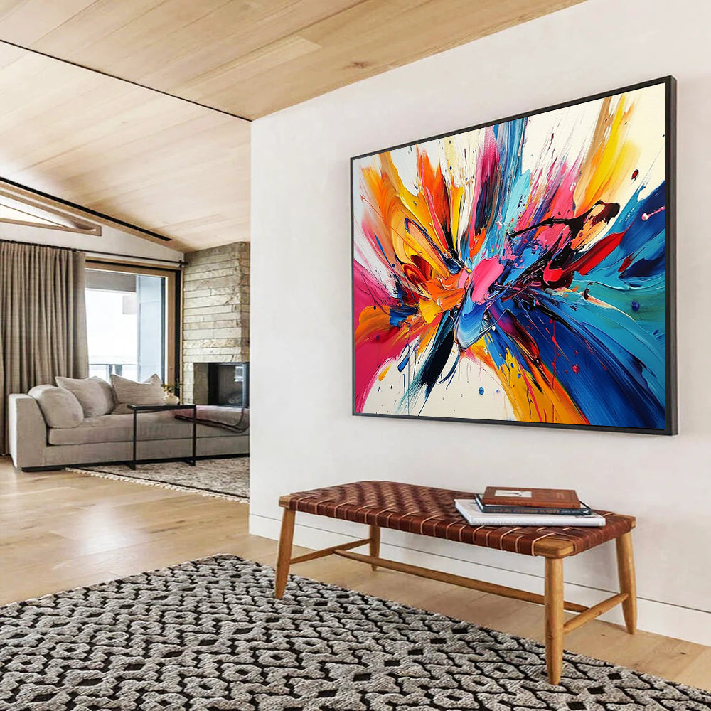 “Explosive Colorful Splashes” - Colorful Palette, Explosive Paint Splashes Painting On Canvas HB0860