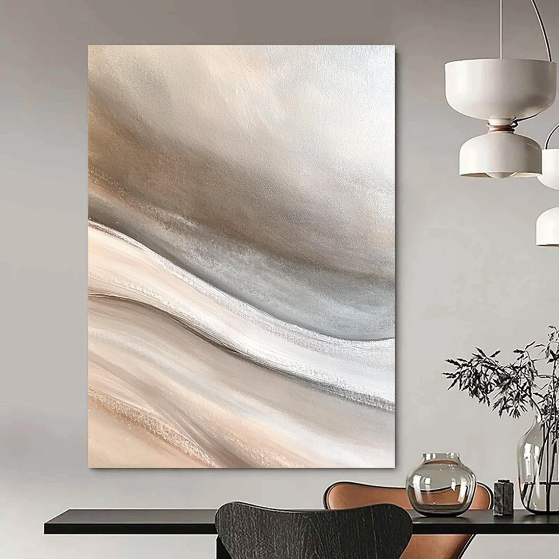Contemporary large hand-painted abstract art capturing the desert with soft sand dunes in neutral gray beige and white tones for a calming zen atmosphere DLZ0650