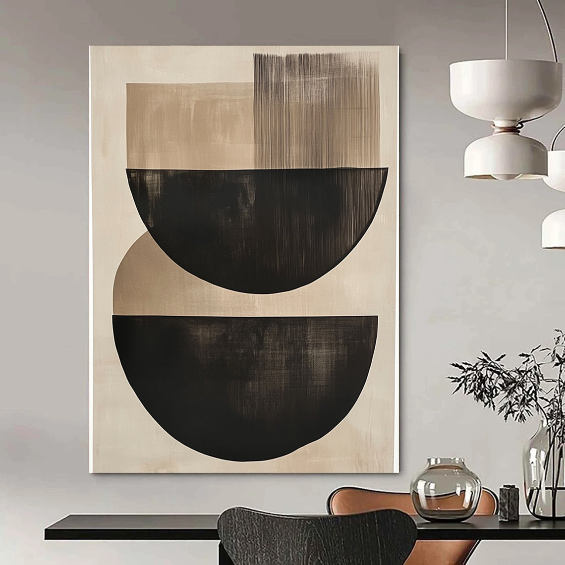 Contemporary large abstract painting featuring elegant black and beige semi-circles on a soothing neutral background, perfect for enhancing any space. DLZ1455