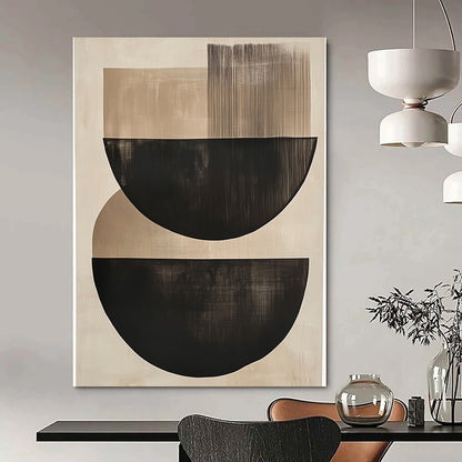 Contemporary large abstract painting featuring elegant black and beige semi-circles on a soothing neutral background, perfect for enhancing any space. DLZ1455