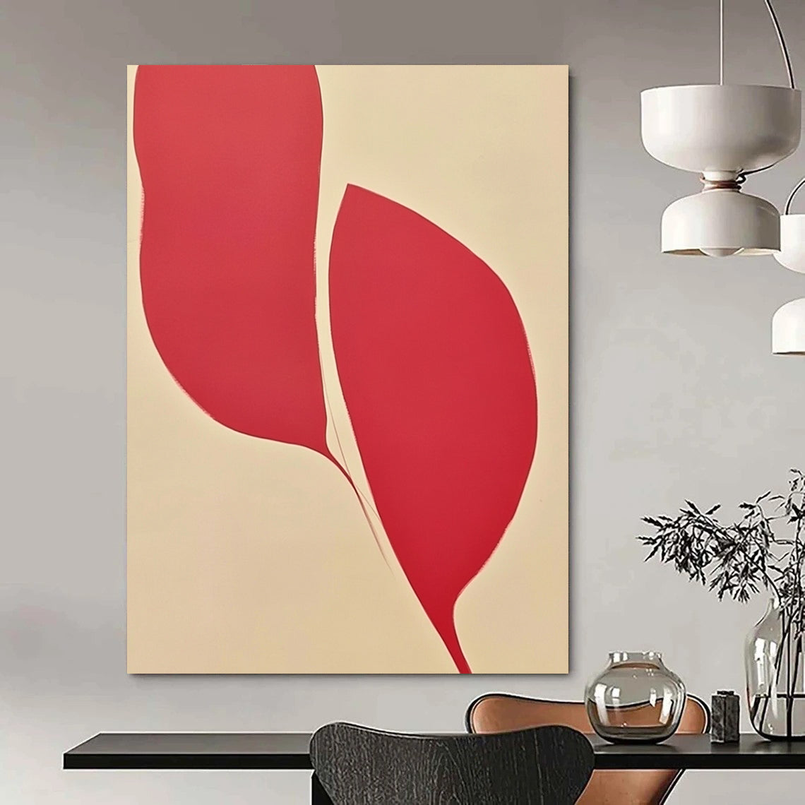 Contemporary abstract art featuring a symmetrical design with two petal-like shapes in red and pink against a white background, showcasing elegant curves and vibrant colors. DLZ1450