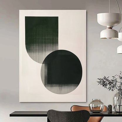 Contemporary abstract art featuring minimalistic shapes in emerald green and grey with delicate strokes on a serene white background. DLZ1621