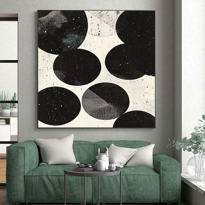 Black, White, Spotted Circles "Cosmic Sphere Dots" Abstract Minimalist Painting On Canvas HB179