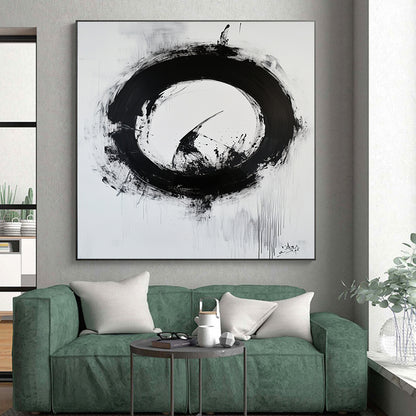 Black and White Textured Circle "Rough Enlightenment" Painting On Canvas HB265