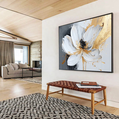 “Gilded White Flower” - White Petals, Gold Accents, Black Center, Textured Floral Painting On Canvas HB1103