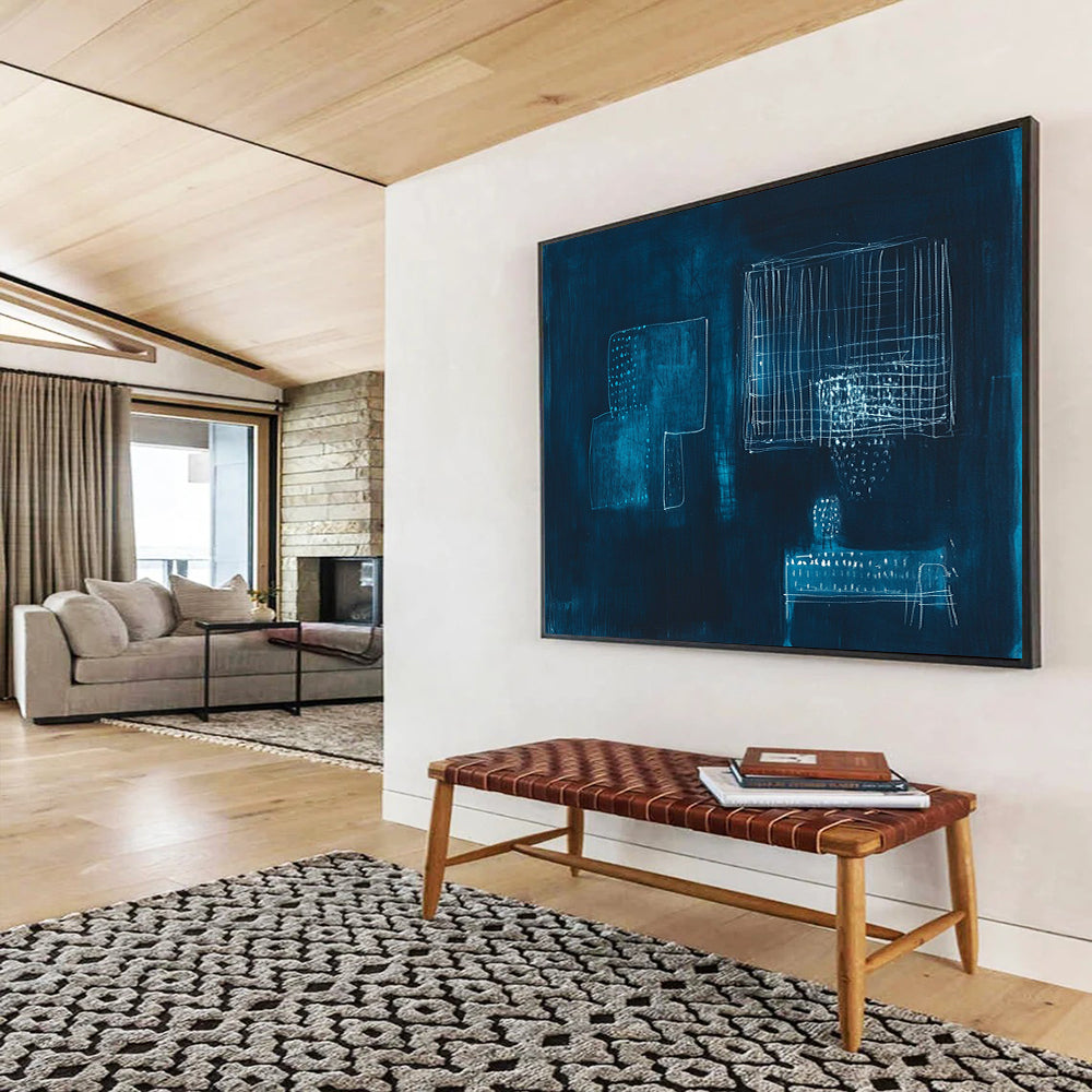 “Abstract White Shapes on Dark Blue” - Expressive Abstract Painting On Canvas HB0525