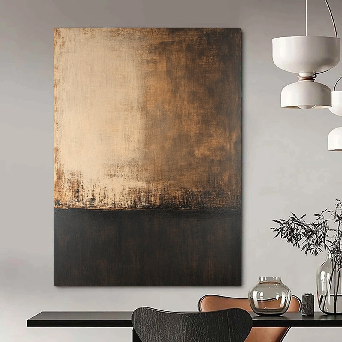 Large contemporary hand-painted abstract artwork featuring soft edges dark tones and a solid color base with a delicate transparent texture. DLZ0368