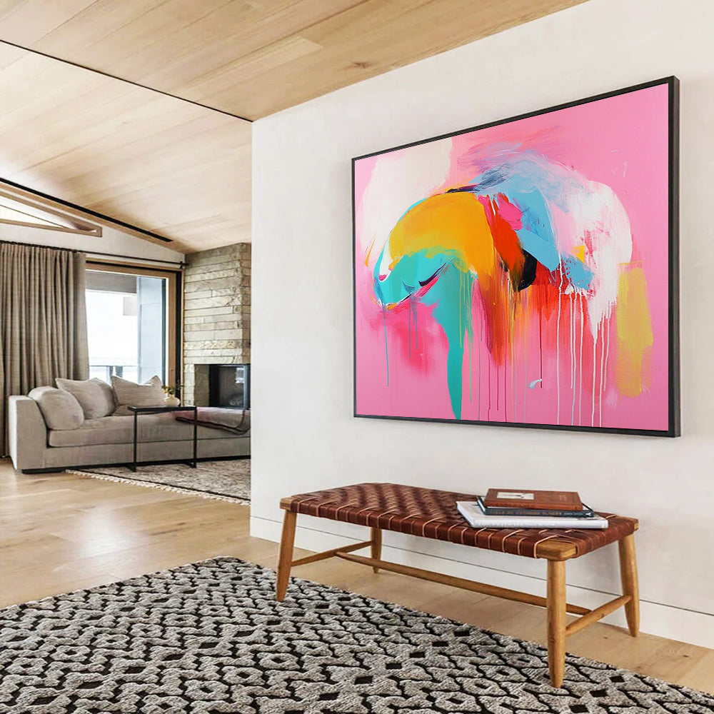 “Colorful Abstract Figure on Pink” - Pink, blue, yellow, orange, red; Abstract figure with colorful drips; Acrylic Painting On Canvas HB1220