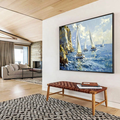 Blue, White, Yellow and Green Seascape with Sailboats "Sailing Serenity" Painting On Canvas HB0661
