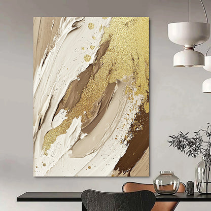 Large contemporary hand-painted abstract artwork featuring textures of cream, beige, and white with gold foil accents and glitter for an elegant touch. DLZ1188