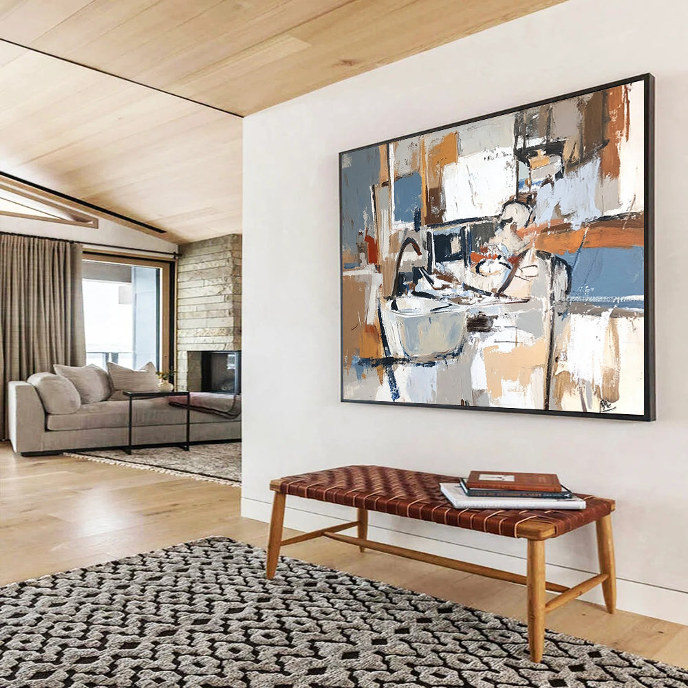 Neutral - Toned Kitchen Chaos – Abstract Acrylic Kitchen Scene Painting HB1466