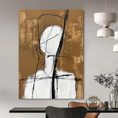Contemporary abstract artwork featuring a simple white figure with black lines and a warm brown background inspired by Jean Cocteau's style. DLZ1463