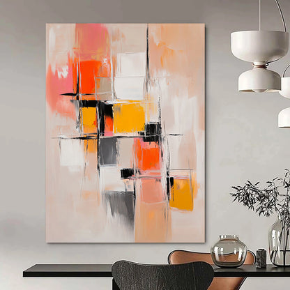Contemporary hand-painted abstract artwork features harmonious beige and orange hues with dynamic brushstrokes and layered geometric shapes for emotional depth. DLZ0939