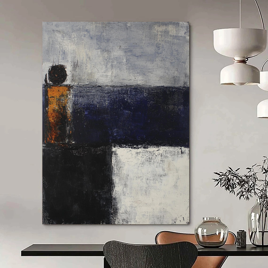 Contemporary hand-painted abstract artwork depicting an evening sea in dark blue and gray tones with rusted metal elements. DLZ0577
