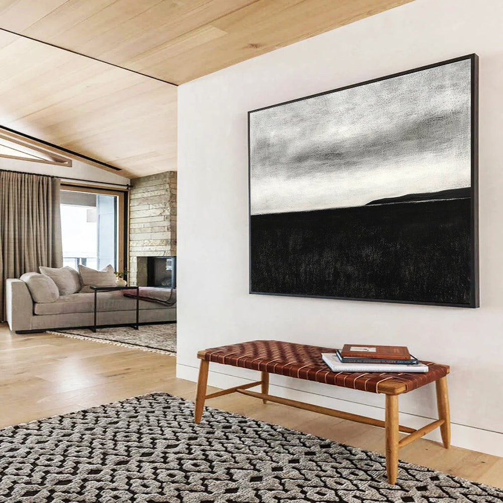 “Monochrome Sea & Sky Horizon” - Black, White, Calm Sea Painting On Canvas HB0797
