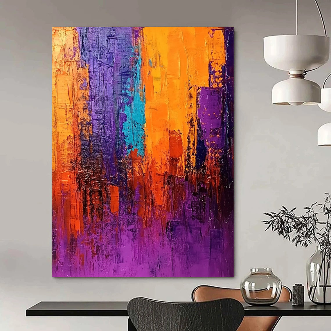 Contemporary abstract painting in vivid purple orange and blue with thick brush strokes dramatic lighting and rich texture create an atmospheric cityscape. DLZ0371