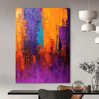 Contemporary abstract painting in vivid purple orange and blue with thick brush strokes dramatic lighting and rich texture create an atmospheric cityscape. DLZ0371