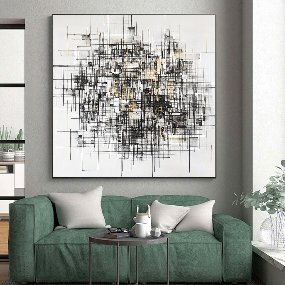 Black, White, Gray, Gold, Intersecting Lines "Gilded Urban Web" Abstract Expressionist Painting On Canvas HB124