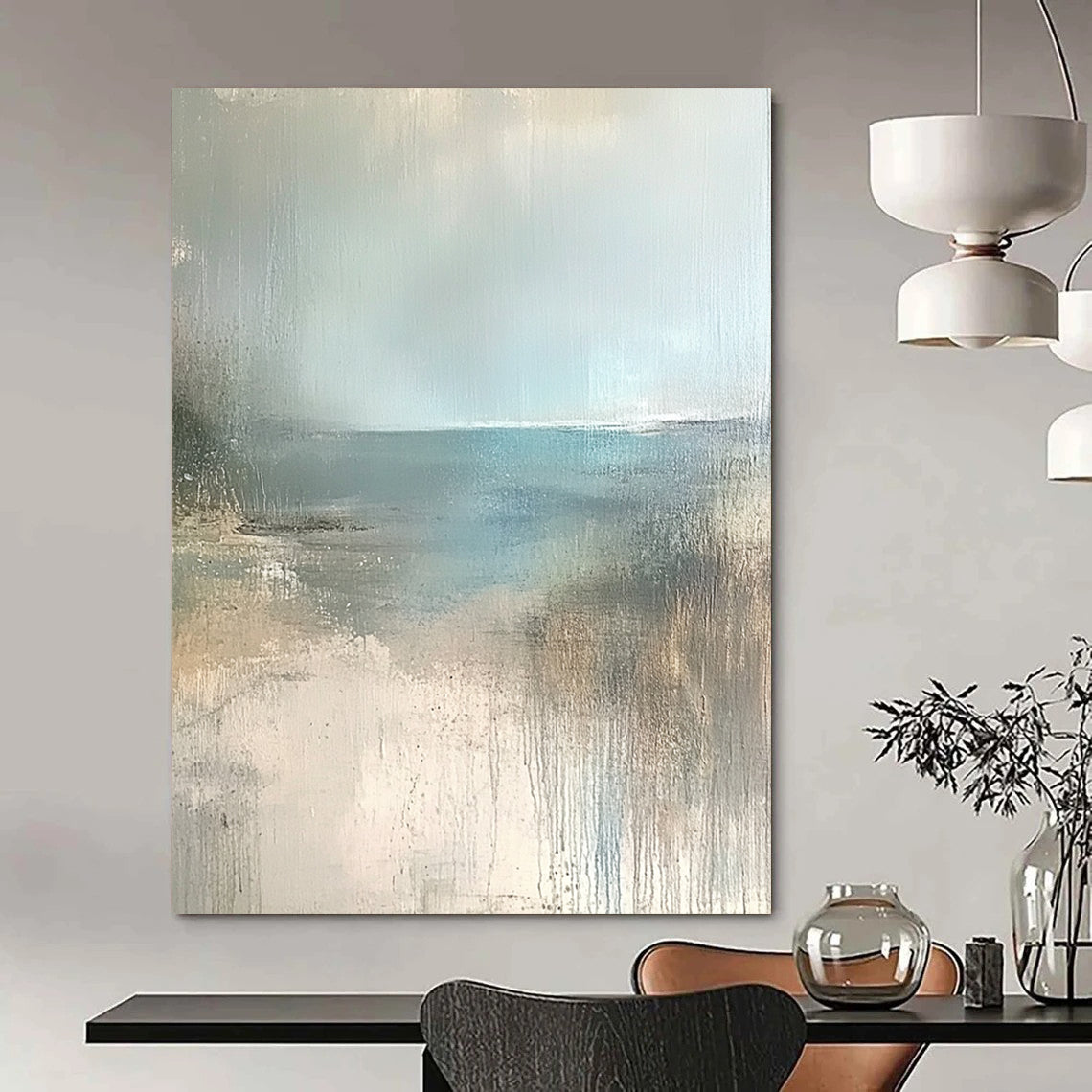 Contemporary hand-painted abstract art featuring a serene empty beach in soft beige, pale blue, and grey tones. Perfect for calming spaces. DLZ0950
