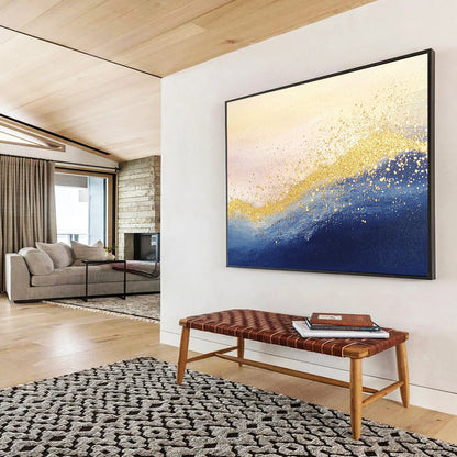 “Golden Sea Sparkle” - Blue, Gold, White, Abstract Waves - Mixed - Media Painting HB1478