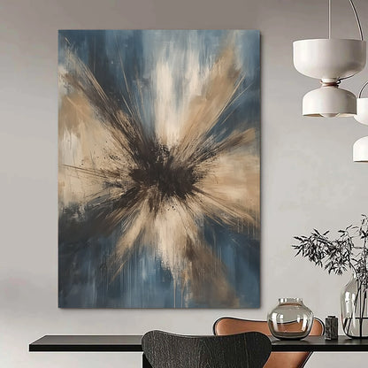 Contemporary hand-painted abstract art featuring an explosion of dark gray beige and white tones against a light blue background with organic strokes. DLZ1187
