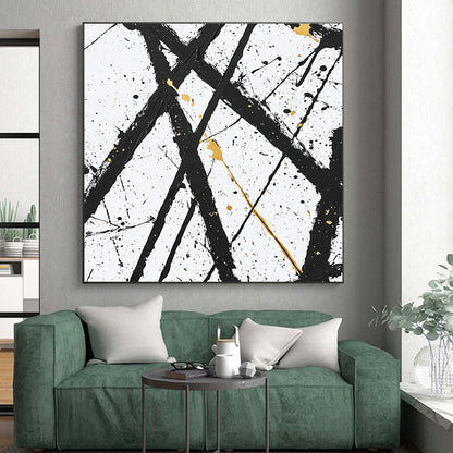 Black, White, Gold, Crossed Lines "Golden Intersection" Abstract Expressionist Painting On Canvas HB048