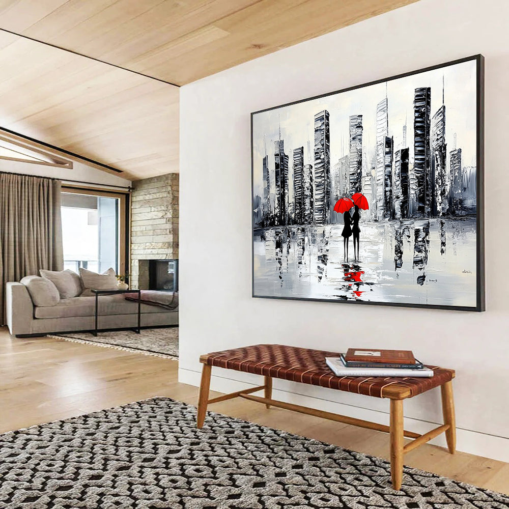 “City Lovers with Red Umbrellas” - Black, White, Red, Urban Couple Scene Painting On Canvas HB0849
