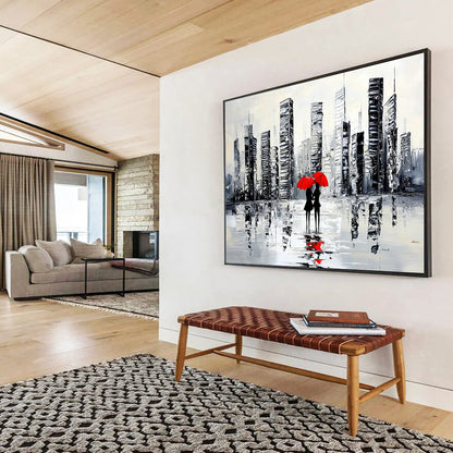 “City Lovers with Red Umbrellas” - Black, White, Red, Urban Couple Scene Painting On Canvas HB0849
