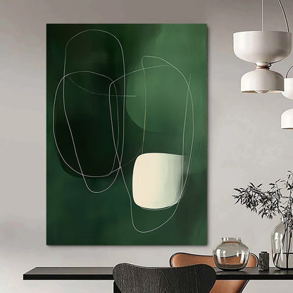 Large contemporary hand-painted abstract art featuring minimalist white lines and shapes on a dark green background with smooth organic curves. DLZ0754