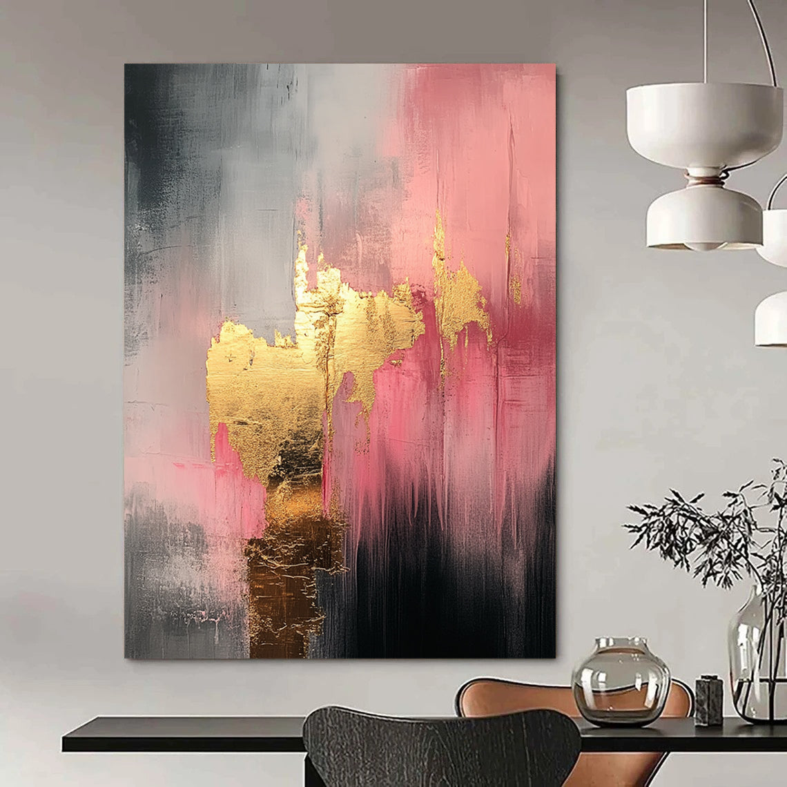 Contemporary hand-painted abstract art featuring white pink and gold tones with a mysterious atmosphere and luxurious gold leaf embellishments. DLZ1117