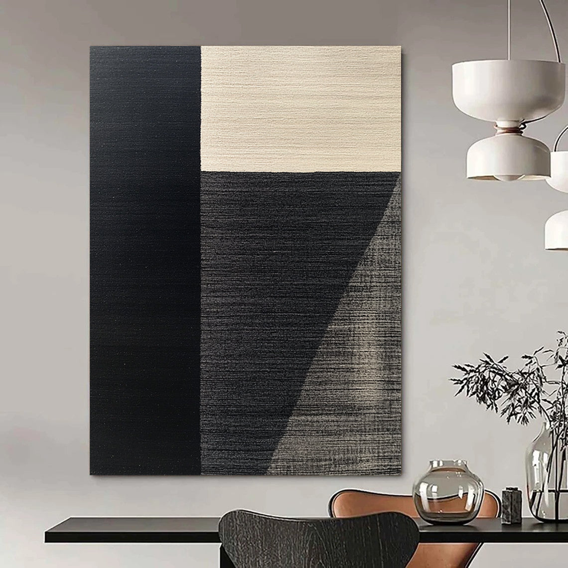 Contemporary hand-painted abstract art featuring a black and gray minimalist rug design inspired by Picasso with elegant composition and harmonious color palette. DLZ1536