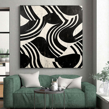 Black and White Curved Stripes "Dynamic Rhythm" Painting On Canvas HB271
