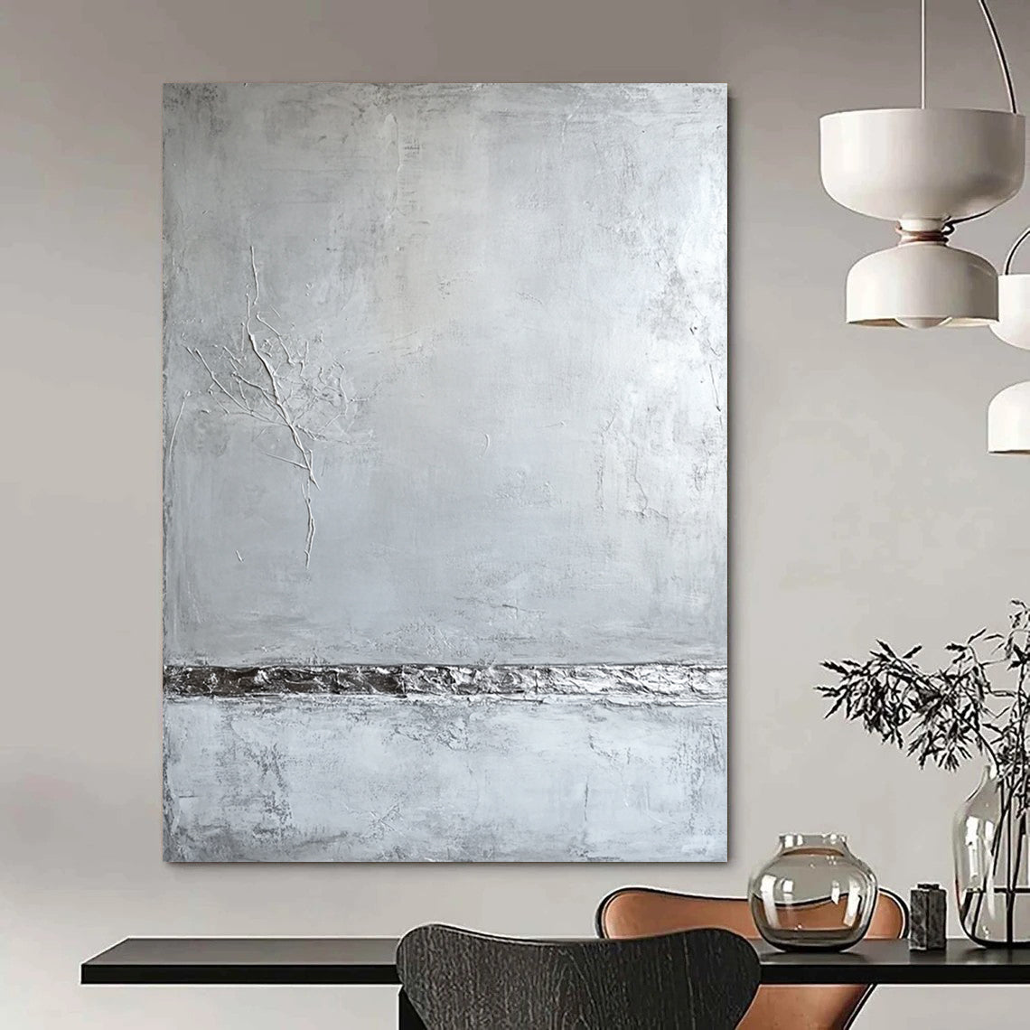 Contemporary abstract artwork featuring a textured grey plaster wall in soothing neutral tones inspired by Aron Demisier's minimalist style. DLZ0601