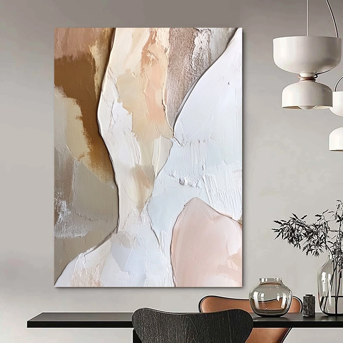 Contemporary abstract painting featuring a textured angelic figure in layered white and soft pink hues with neutral tones. Perfect for modern decor. DLZ1056