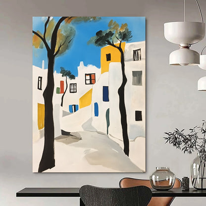 Contemporary hand-painted abstract art featuring Mykonos white buildings with black outlines minimalistic shapes and vibrant blue trees against a crisp white background. DLZ1383