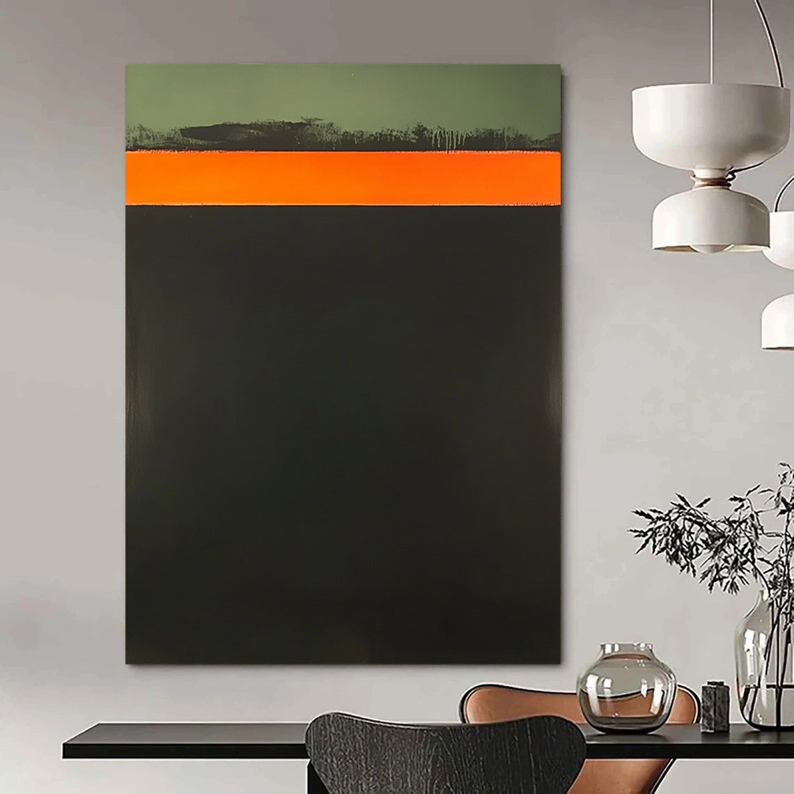 Contemporary abstract art features a bold orange strip atop a dark green background showcasing elegant simplicity and striking color contrast. DLZ1634