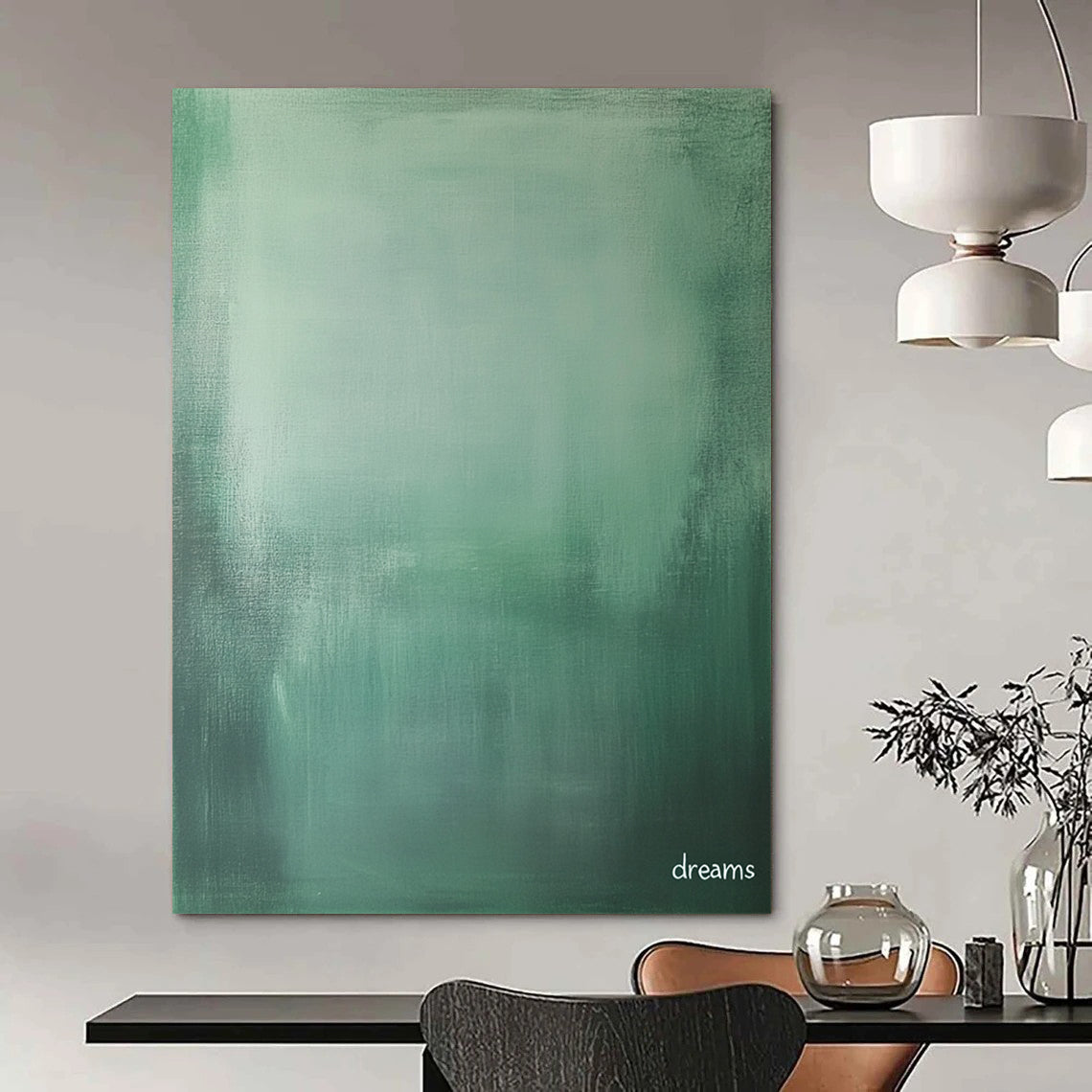 Contemporary abstract art features a tranquil green and grey gradient with the word dreams in white, perfect for evoking nostalgia and solitude in photography. DLZ1283
