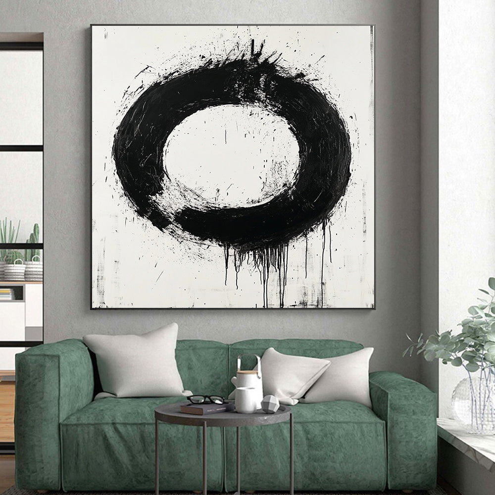Black, White, Bold Circular Stroke "Zen Enso" Abstract Minimalist Painting On Canvas HB044