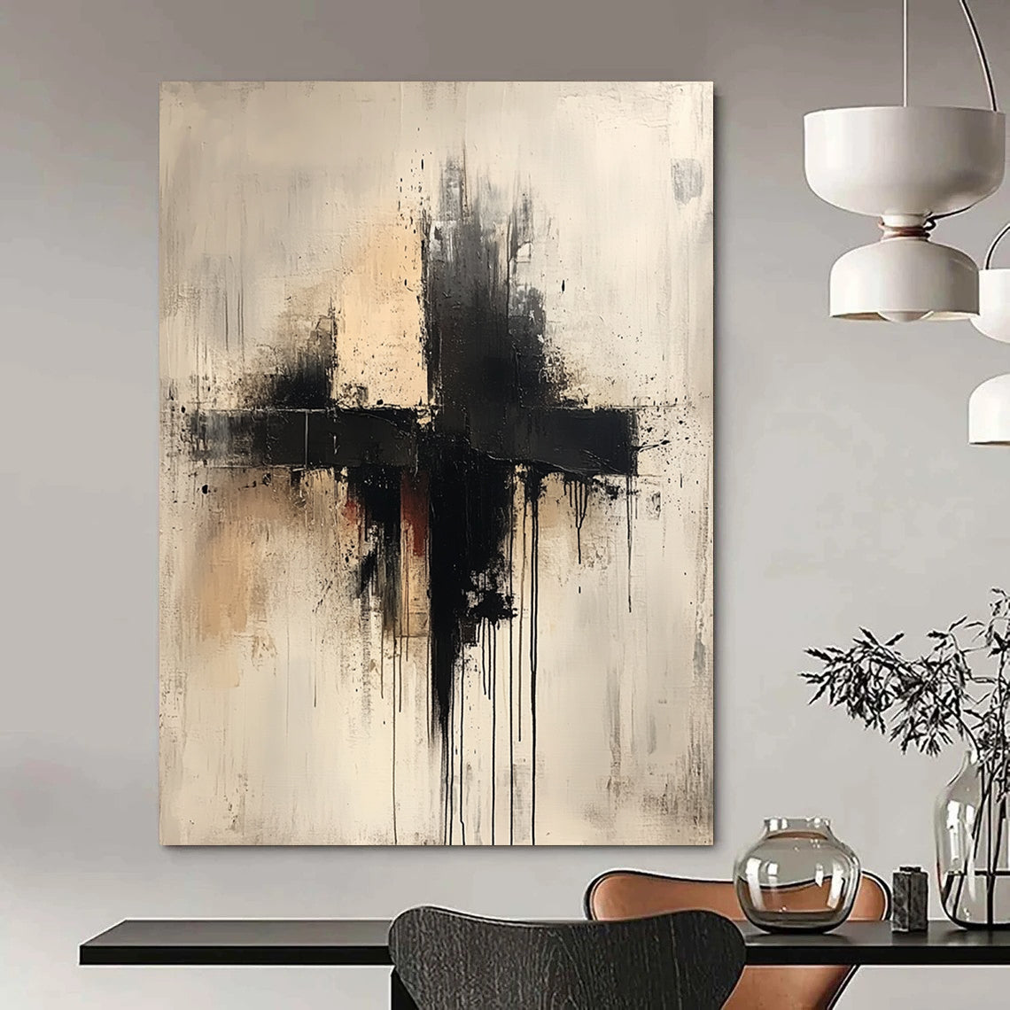 Large contemporary hand-painted abstract artwork featuring a cross in neutral tones with drips splashes and thin lines on a white background. DLZ0593