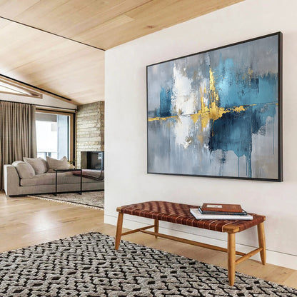 “Reflective Gold - Blue - Gray Abstract” - Gold, Blue, Gray, White, Reflective Textures Painting On Canvas HB0821